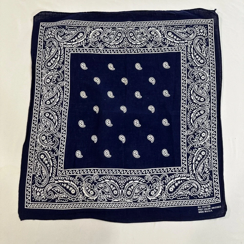 Vintage Bandana Navy Blue Paisley Made in USA All Cotton RN13960 Scarf 20x20